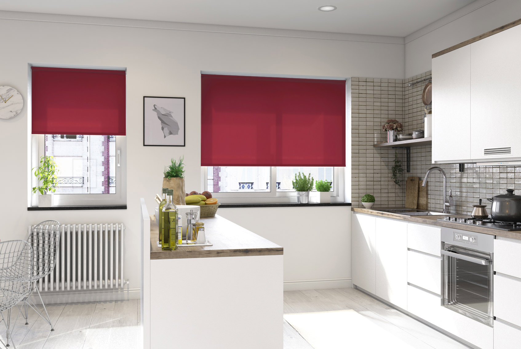 two red roller blinds in kitchen